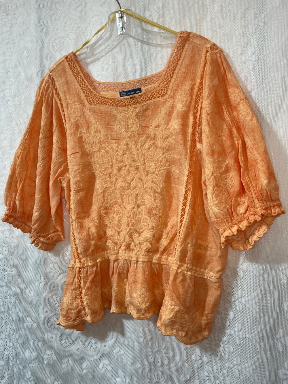 Democracy Peach Orange Boho Embroidered Peasant Top 1X NIB